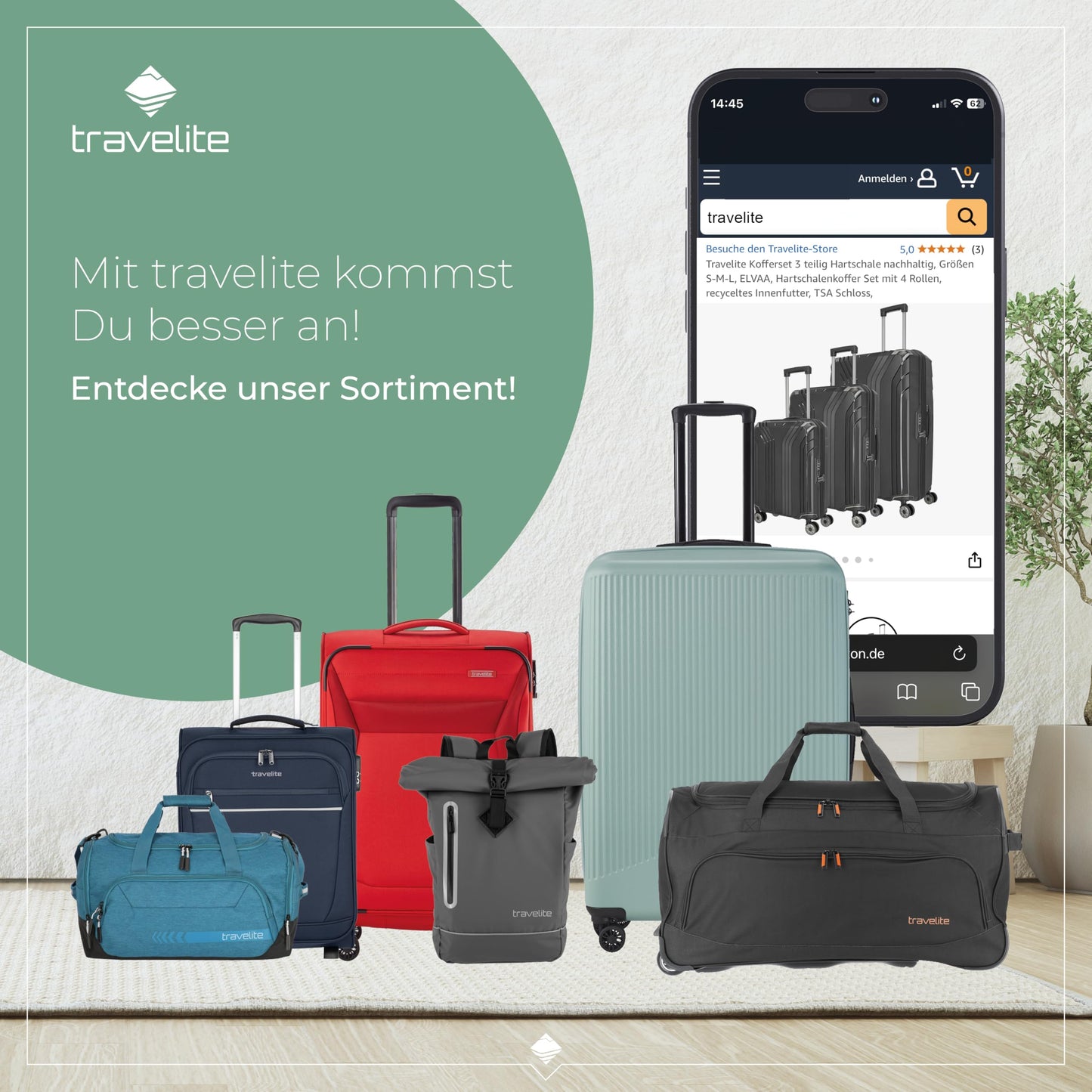 TRAVELITE 'Elvaa' hard-shell travel suitcase set (3 pieces) with recycled lining, TSA lock