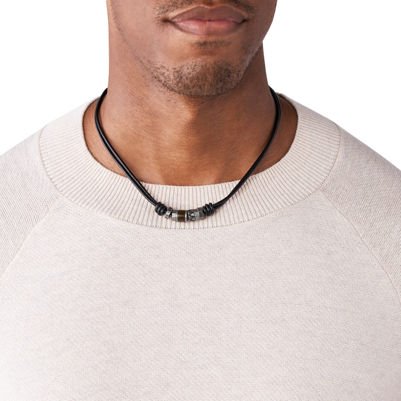Fossil genuine leather necklace for men in color: brown with silver details