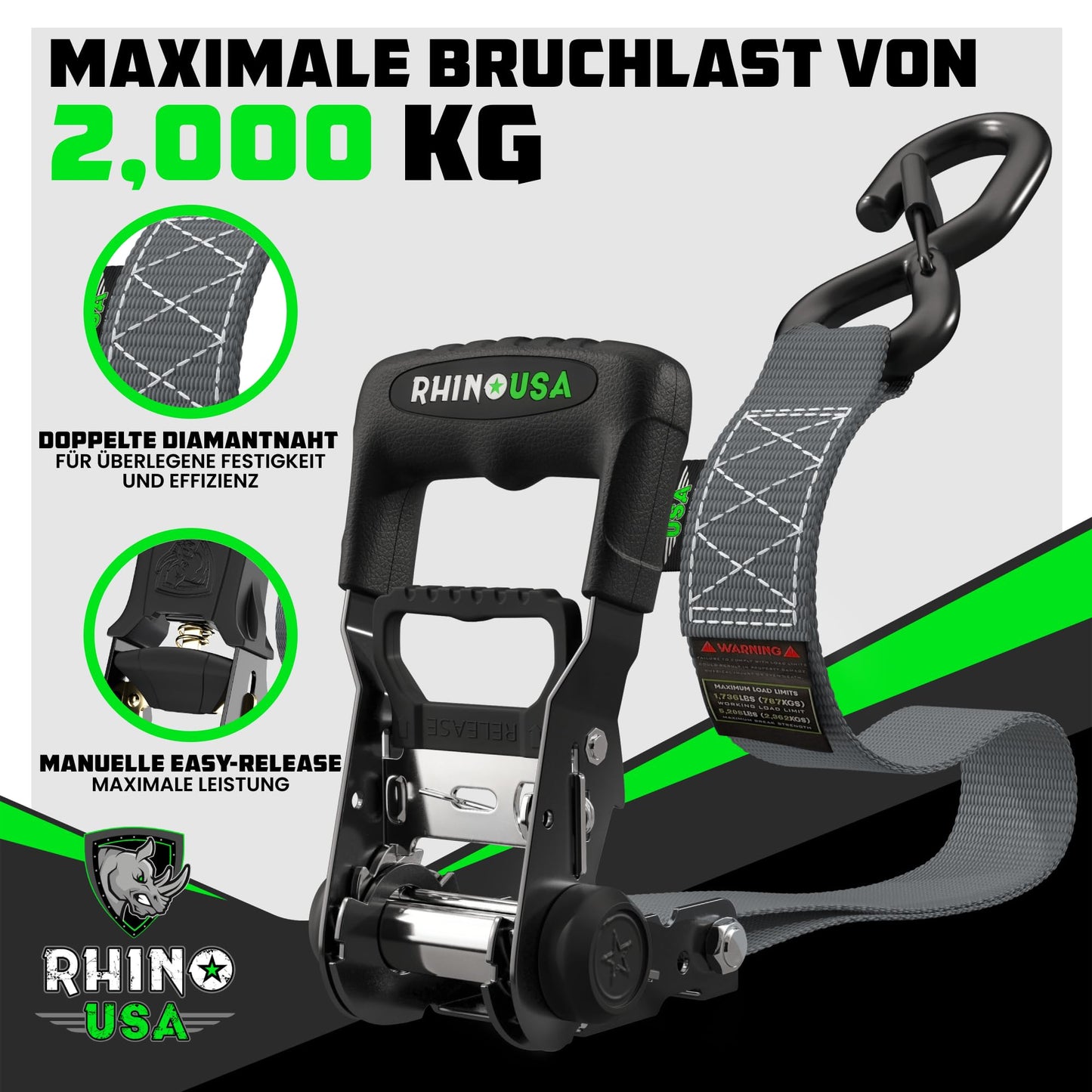 Rhino USA Spanngurte mit Ratsche und Haken (4er Pack): 2000kg Reißfestigkeit in Grau