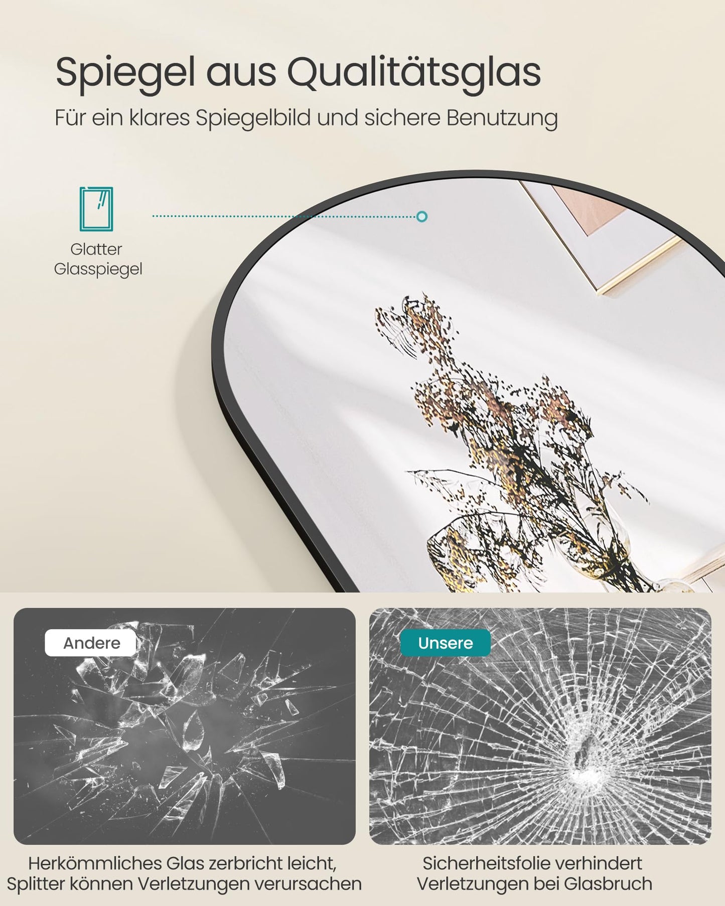 SONGMICS Bogenförmiger Ganzkörperspiegel: Rahmen aus Aluminiumlegierung, Hartglas