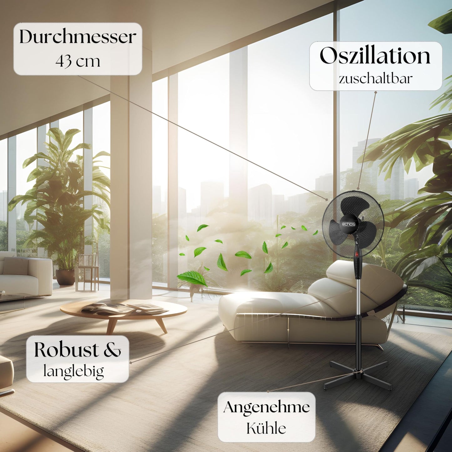 Echos® Standventilator (Ø 43cm): Sehr leise, Energiesparend, 3 Stufen, Oszillation