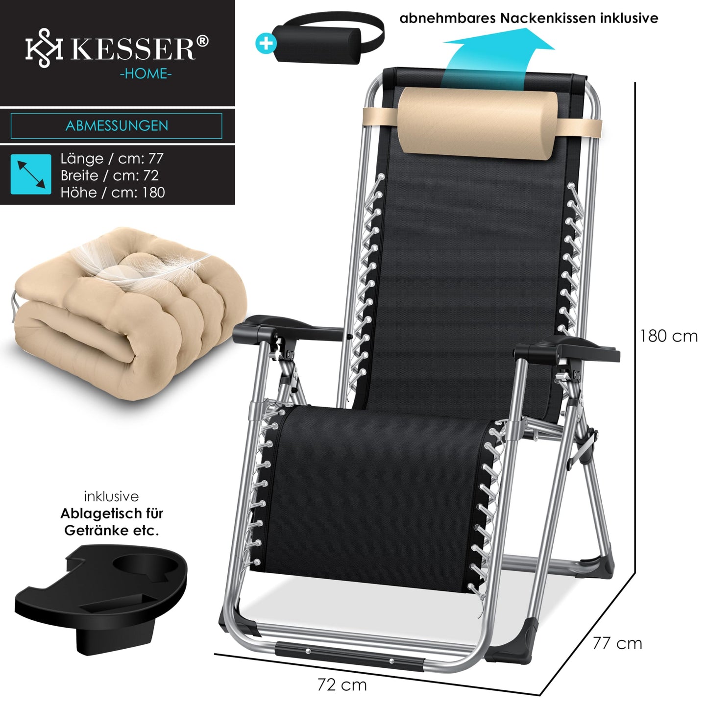 KESSER® Sonnen-Liegestuhl: Klappbar & Wetterfest inkl. Nackenkissen & Getränkehalter