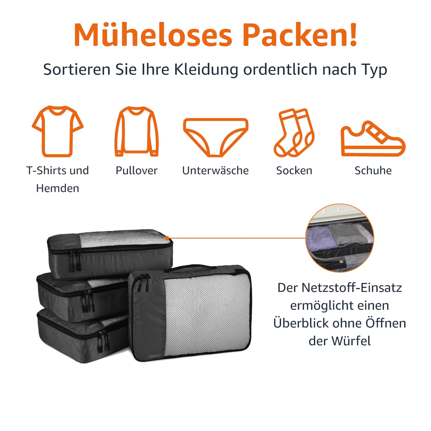 Amazon Basics Packwürfel Set für Koffer, Reise Organizer, Reißverschluss, 4 Stück, 1er-Pack, Mittelgroß, Schwarz