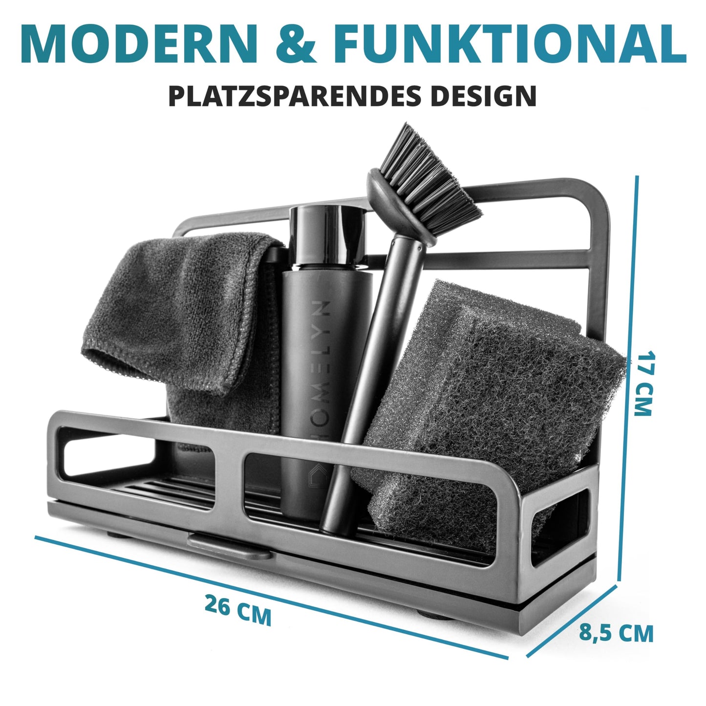 HOMELYN Spülbecken Organizer Set aus Edelstahl inkl. Spülbürste mit Abtropfschale: Modernes Design