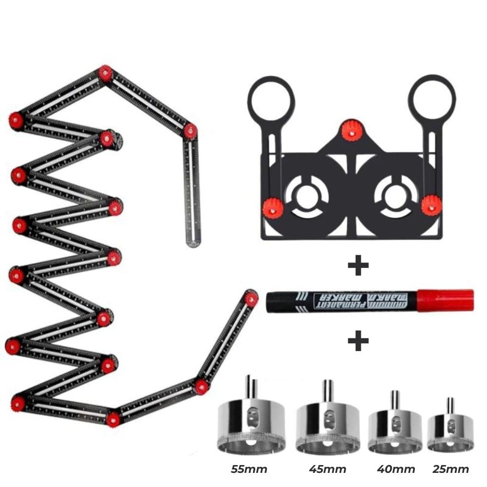 16-seitiges Multiwinkel-Messlineal mit Öffnungspositionierer | inkl. Markerstift und 4 Lochbohraufsätze