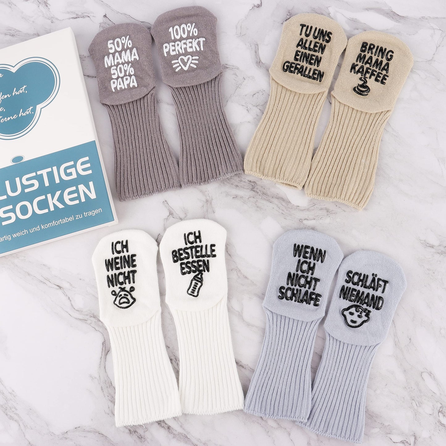 Belloxis Baby Socken (4 Paar): Lustige Textaufdrucke & Rutschfest | Für Babys von 0-12 Monaten