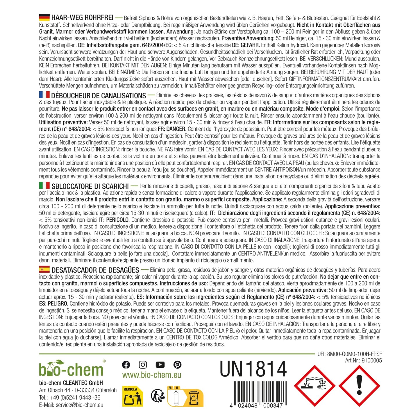 bio-chem Haar-Weg Abflussreiniger EXTRA STARK (1000ml) Made in Germany