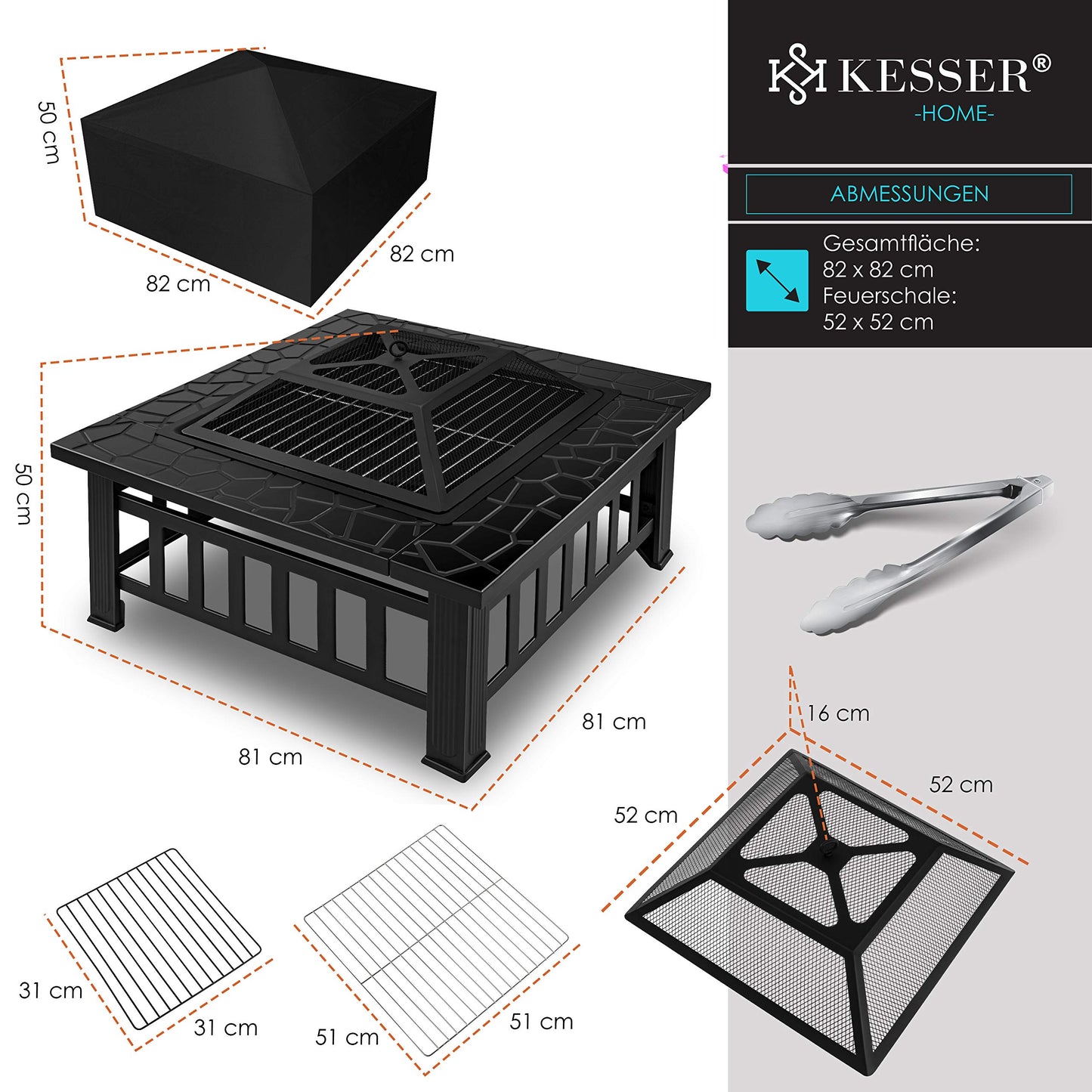 KESSER® Feuerstelle mit Grillrost & Grillzange: Feuerschale, BBQ Grill mit Funkenschutz