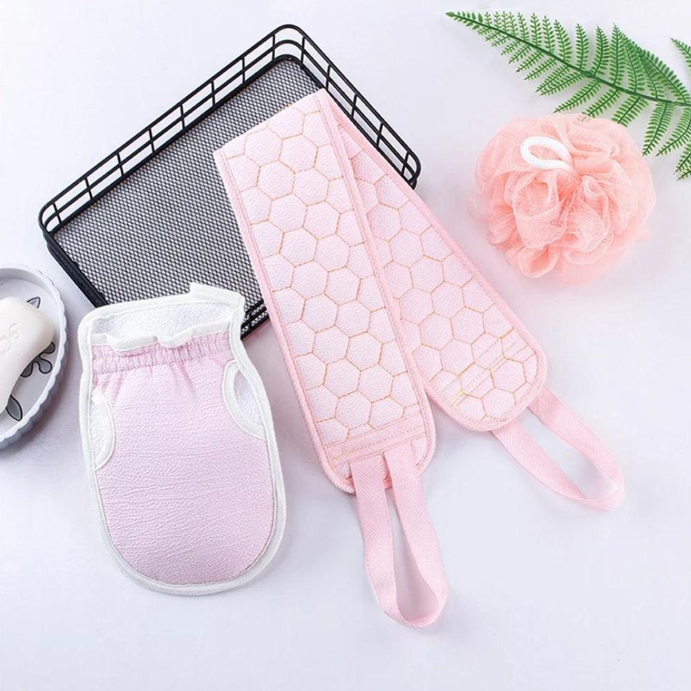 3-teiliges Körperpeeling-Set: Rückenschrubber - Badehandschuh - Duschbürste