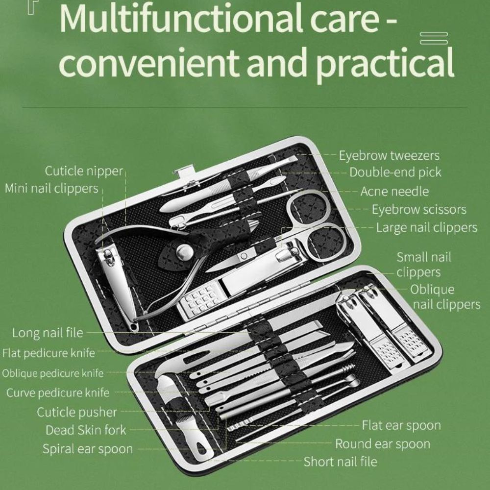 19-teiliges Edelstahl-Reise-Maniküre-Set | Professionelles Pflegeset mit Premium Etui3