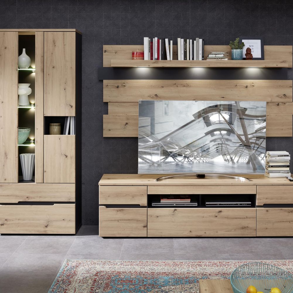 MEMPHIS Wohnwand Komplett-Set in Artisan-Eiche Optik mit LED-Beleuchtung (287x197x47cm)