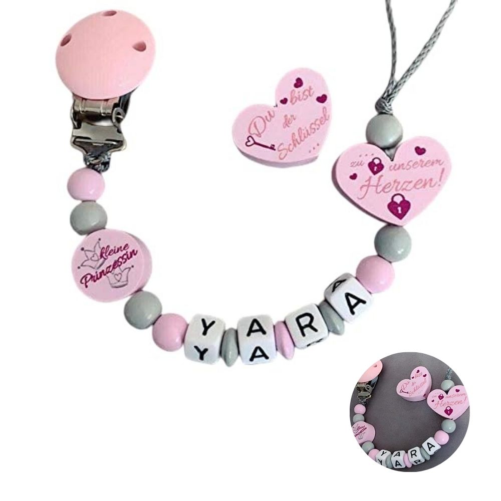 Personalisiertes Schnullerkette-Babygeschenk mit Namen für Mädchen in Rosa