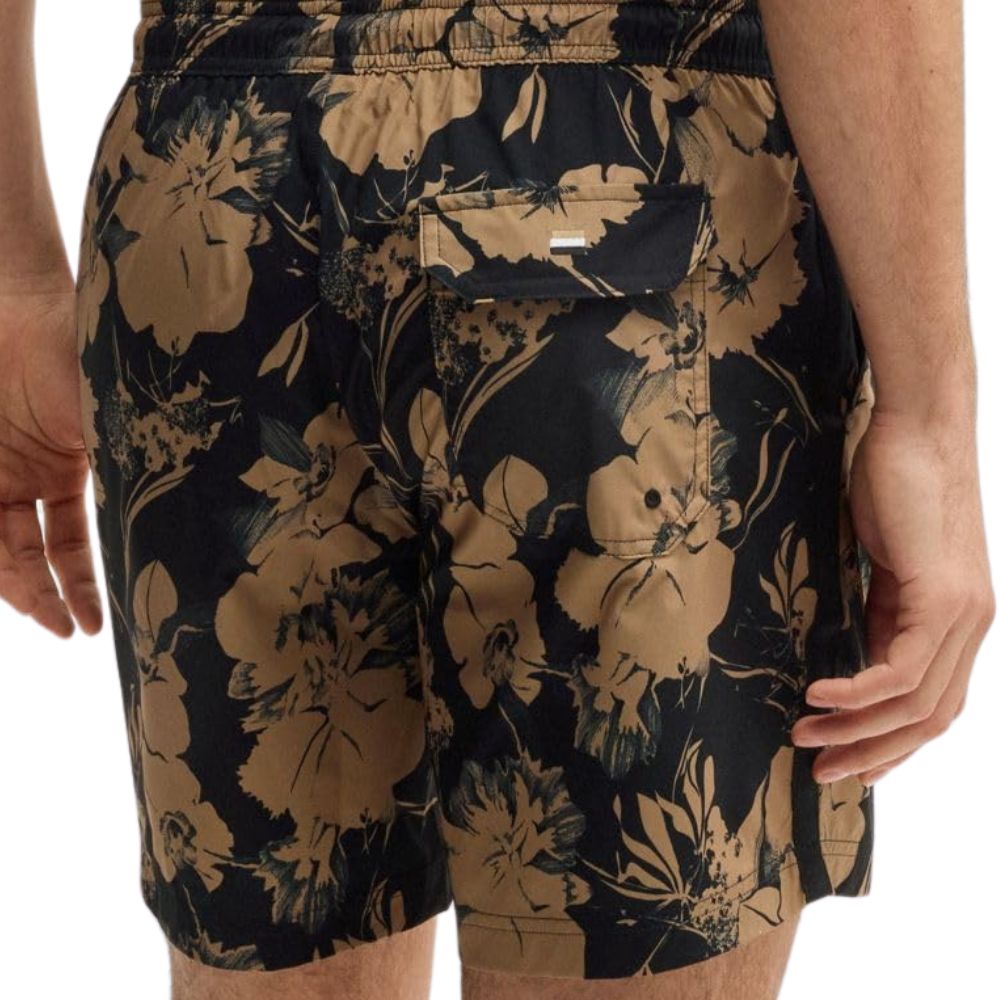 BOSS 'Alain' men's swim shorts with floral print, side stripes & drawstring: Quick-drying