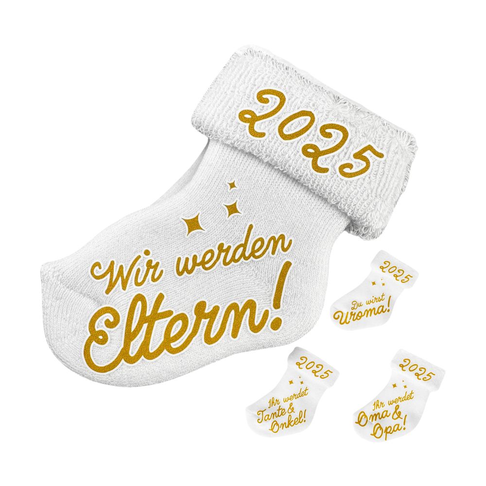 goldprintz 'Wir werden Eltern' - Schwangerschaftsverkündung: Gold bedruckte Babysocke