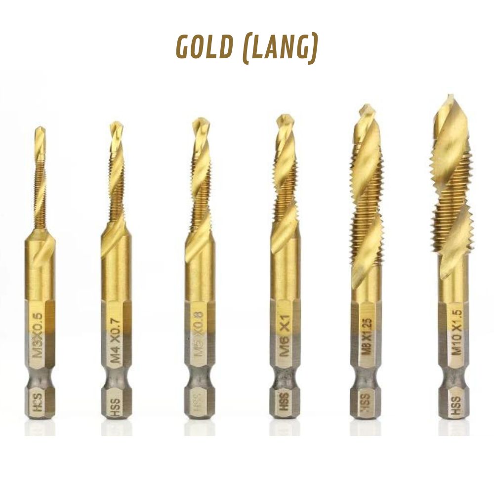 6-teilig Titanbeschichtete HSS-Bohrer mit Tap-Bits | M3-M10, Metrische Gewinde (Gold-Lang)