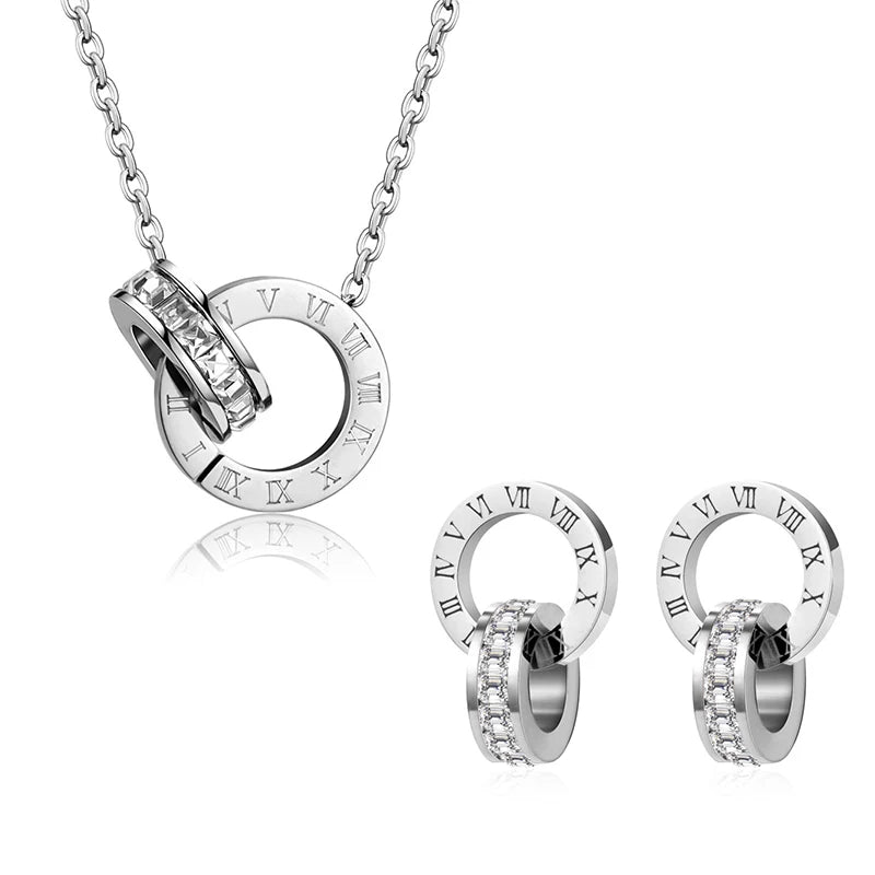 Römische Ziffern Halskette & Ohrringe Set für Damen - Hochglanz Schmuck - silber
