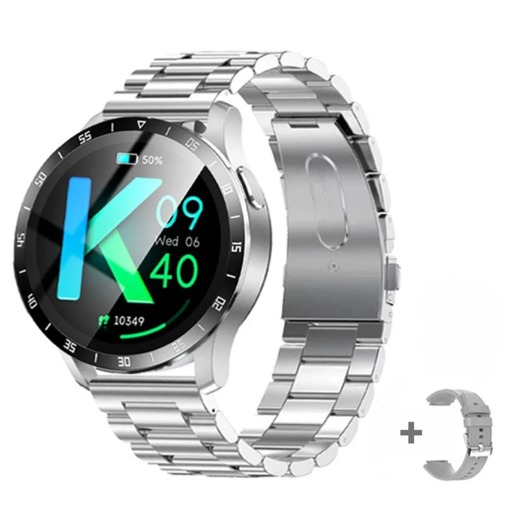 2-in-1 TWS Smartwatch mit Touch Bluetooth-Kopfhörern | Herzfrequenz- & Blutdruckmesser (Silber-Stahl)