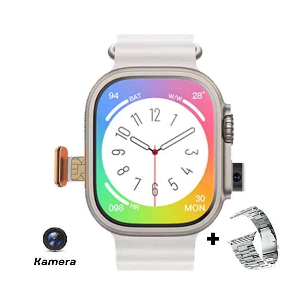 Smartwatch mit 4G-SIM, GPS, WLAN und Kamera | Videoanruf, SOS, IP67 Wasserdicht (Silber)