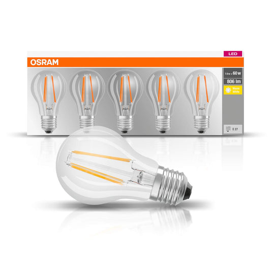 Osram LED Base Classic A-Lampe, Sockel: E27 | (Warmweiß-2700 K: 7W): Klar - 5er Packung