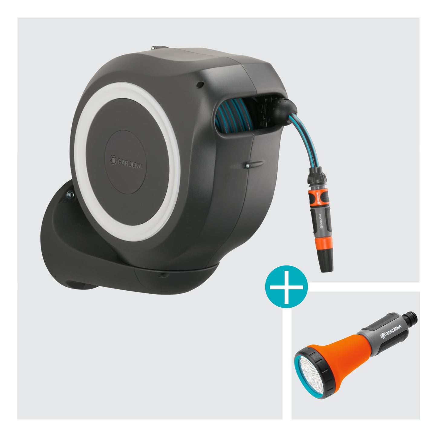 Gardena Wand-Schlauchbox RollUp M 20 m: Flexible Bewässerung für mittelgroße Gärten, schwenkbare Schlauchtrommel, mit Wandhalterung, Systemteilen und Spritze inkl. 20 m Gardena Schlauch (18612-20)