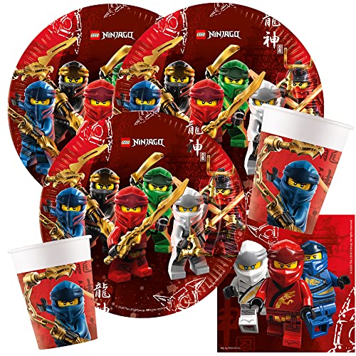 Ninjago Party-Set (44-teilig) mit Teller, Becher, Servietten + Papiertrinkhalme für 8 Kinder