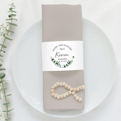 12x Servietten Banderole personalisiert (21x6,5cm) mit Eukalyptus Greenery Design