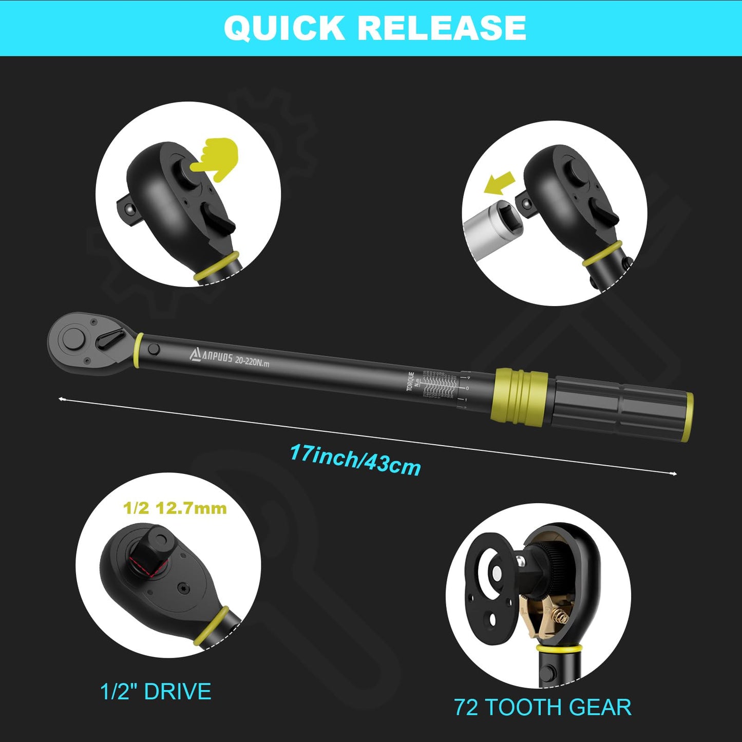 Drehmomentschlüssel 1/2 Zoll, 20-220 Nm, ±3% Fehlergenauigkeit: 72 Zähne Reifenschlüssel Tool mit Aufbewahrungsbox