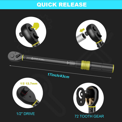 Drehmomentschlüssel 1/2 Zoll, 20-220 Nm, ±3% Fehlergenauigkeit: 72 Zähne Reifenschlüssel Tool mit Aufbewahrungsbox