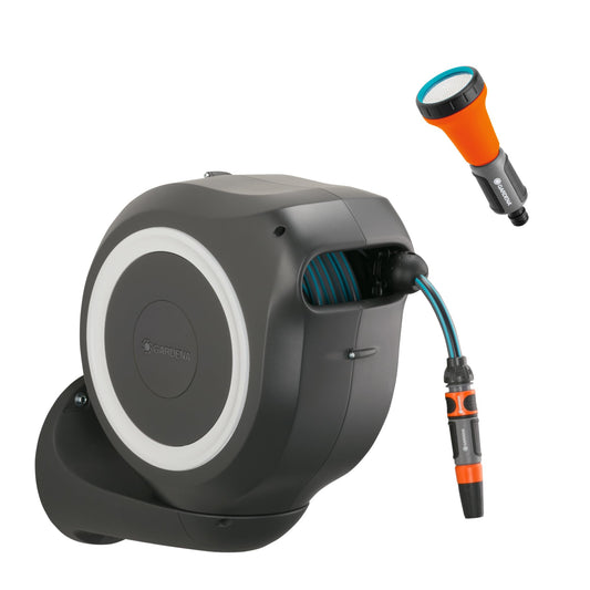 Gardena Wall-Mounted Hose Box RollUp M 20 m: Flexible irrigation for medium-sized gardens, pivoting hose reel, with wall bracket, system components and sprayer including 20 m Gardena hose (18612-20)