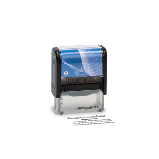 stempelfritz personalisierter Firmenstempel mit Gehäuse in Schwarz-Blau