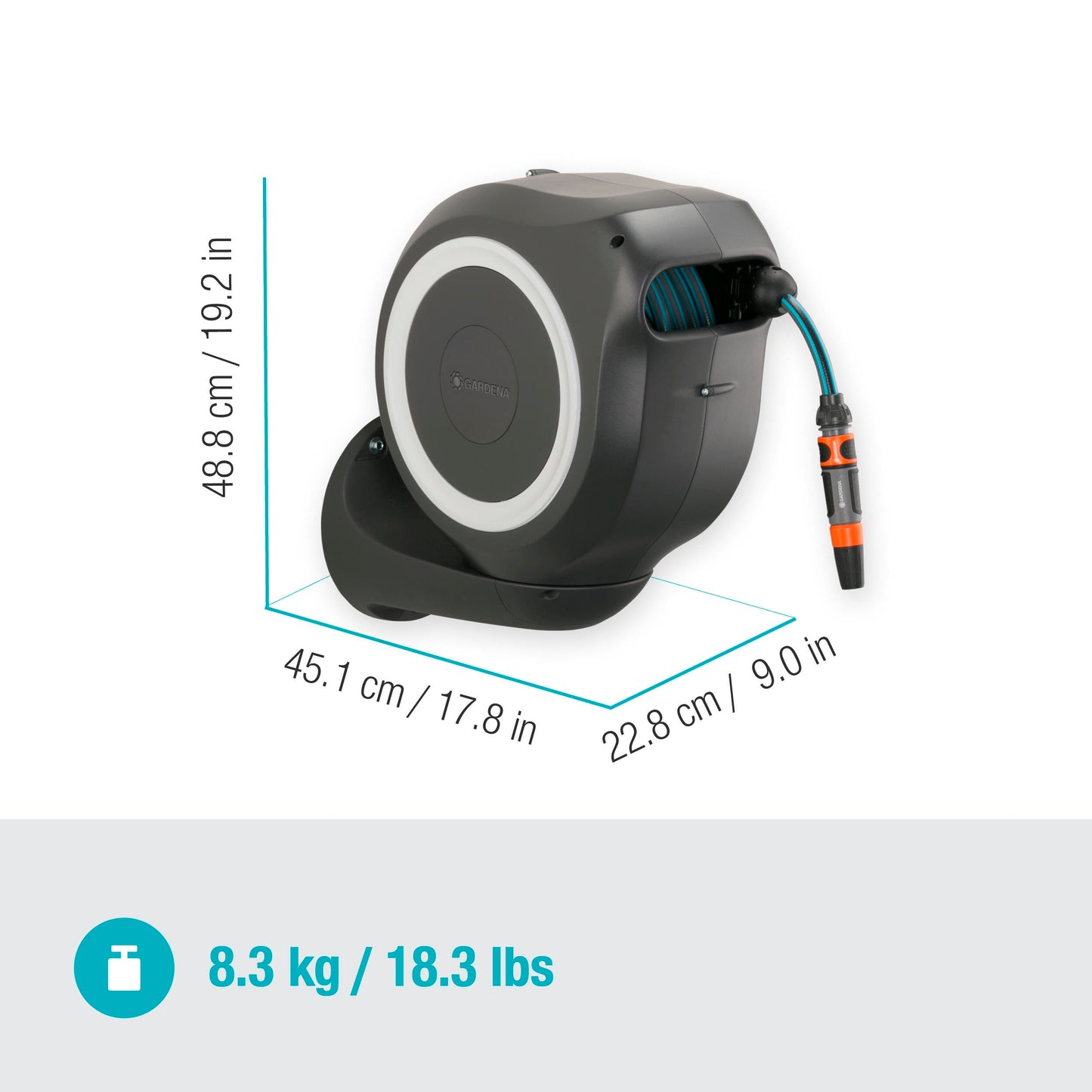 Gardena Wand-Schlauchbox RollUp M 20 m: Flexible Bewässerung für mittelgroße Gärten, schwenkbare Schlauchtrommel, mit Wandhalterung, Systemteilen und Spritze inkl. 20 m Gardena Schlauch (18612-20)