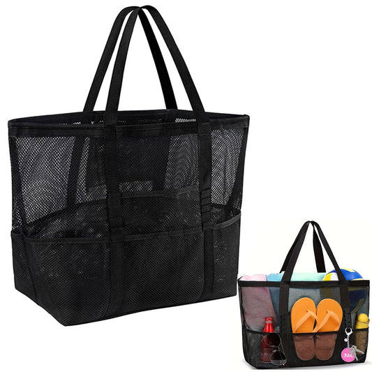 Große Netz-Strandtasche mit Taschen & Reißverschluss für Strand, Urlaub, Reise