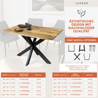 Loreno Handgefertigter Esstisch aus Mangoholz | Massiver Tisch mit Baumkante