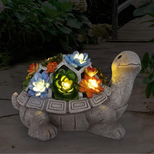 Yeomoo Solar Garden Figures Turtle Garden Decoration for Outdoors, with Succulents and 7 LED Lights Home Balcony Decoration, Figure Kawaii Gifts for Women/Mom Decoration for Room Terrace