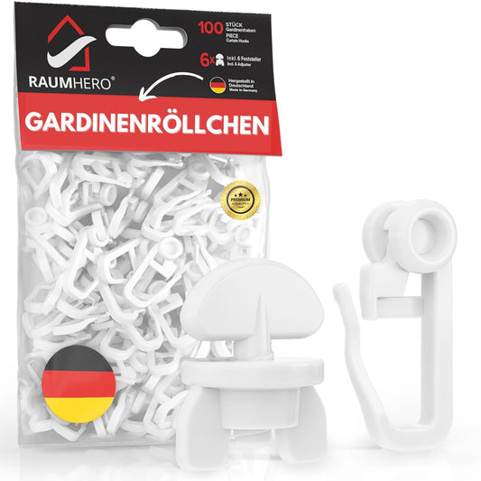 Raumhero Gardinen Rollengleiter (100 Haken & 6 Feststeller) -Weiß- Made in Germany