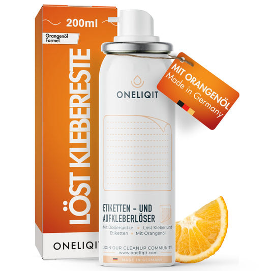 ONELIQIT® Etikettenentferner mit Orangenöl (200ml): Aufkleber, Vignetten, Klebstoffen