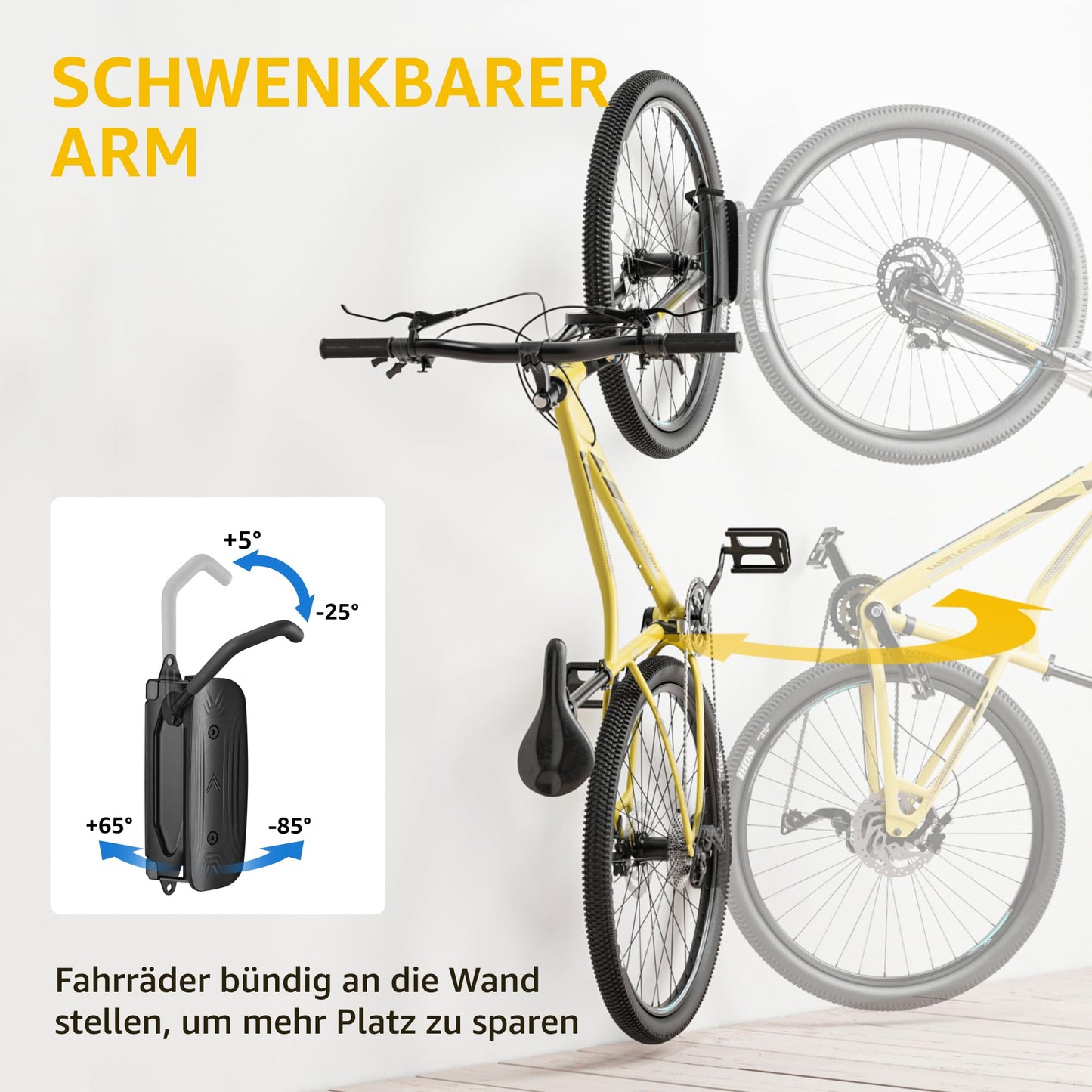 monTEK Schwenkbare Fahrrad Wandhalterung für die Garage | Hält bis zu 30kg (Schwarz)