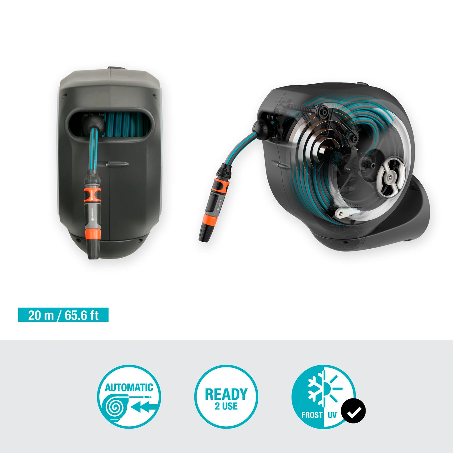 Gardena Wand-Schlauchbox RollUp M 20 m: Flexible Bewässerung für mittelgroße Gärten, schwenkbare Schlauchtrommel, mit Wandhalterung, Systemteilen und Spritze inkl. 20 m Gardena Schlauch (18612-20)