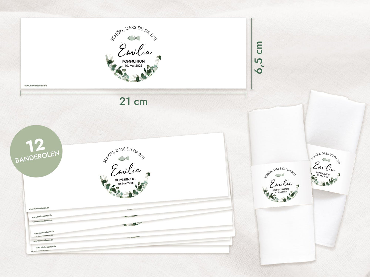 12x Servietten Banderole personalisiert (21x6,5cm) mit Eukalyptus Greenery Design