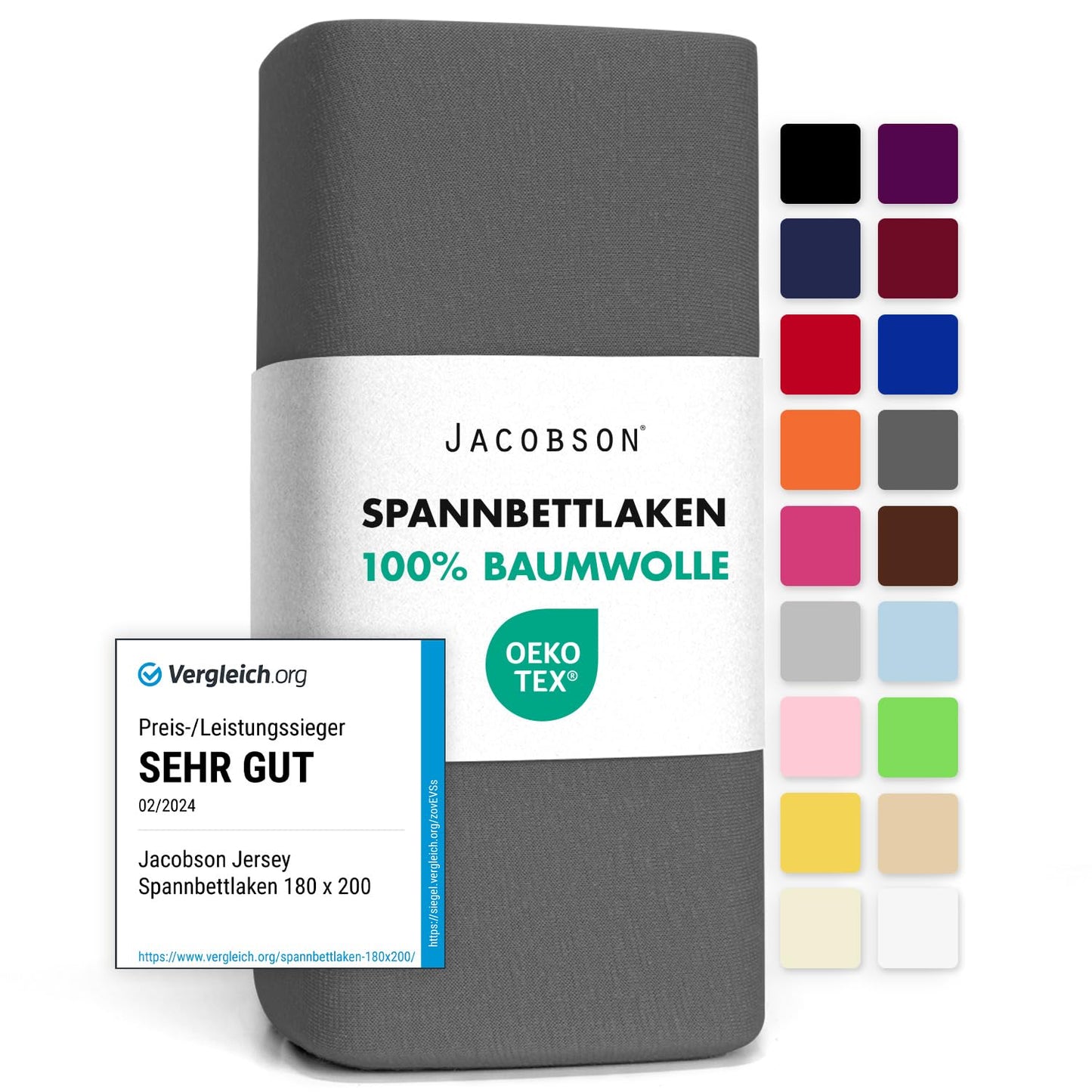 JACOBSON Jersey Spannbettlaken aus 100% Baumwolle (90x200-100x200cm - Anthrazit)