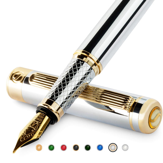 Scriveiner Silber Füllfederhalter Füller Edel mit Echtgold-Finish, Schmidt vergoldete Feder (mittel), Bestes Geschenk für Herren und Damen, Manager, Führungskräfte (Silber Chrom)