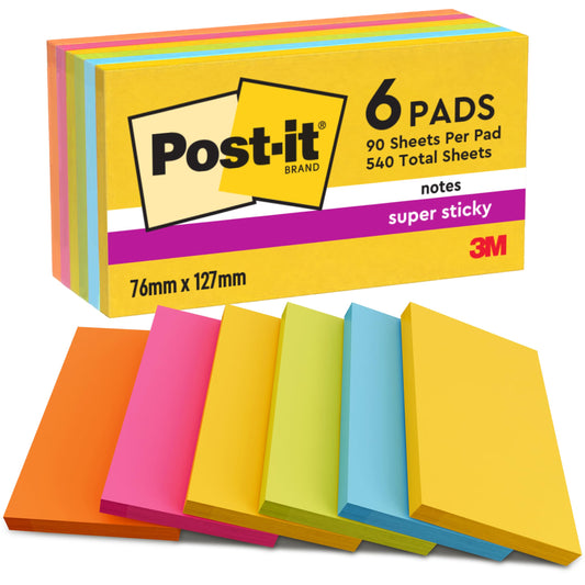 Post-it 'Super Sticky Notes' Packung mit 6 Blöcken, 90 Blatt pro Block (76x127mm): Stark-Klebend