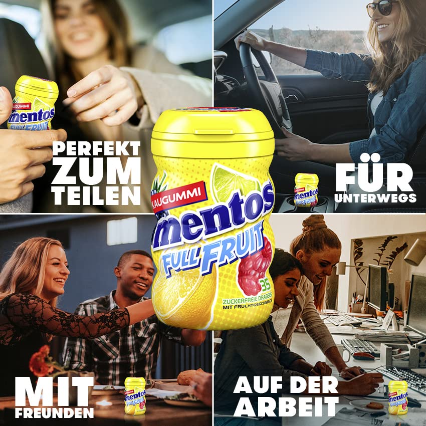 Mentos Kaugummi Full Fruit (6x 35 Stück) in drei Sorten mit Frucht-Geschmack & flüssiger Füllung