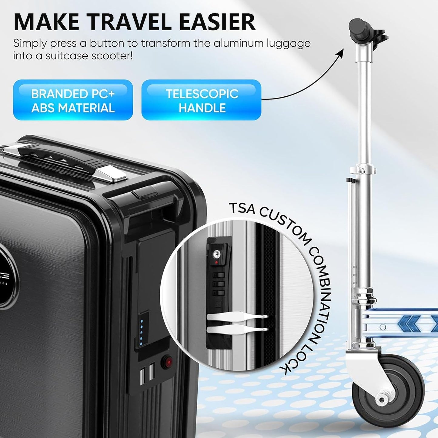 Electric rolling suitcase (20 liters) with 110 kg load capacity: one-button telescope, 3-speed, remote control