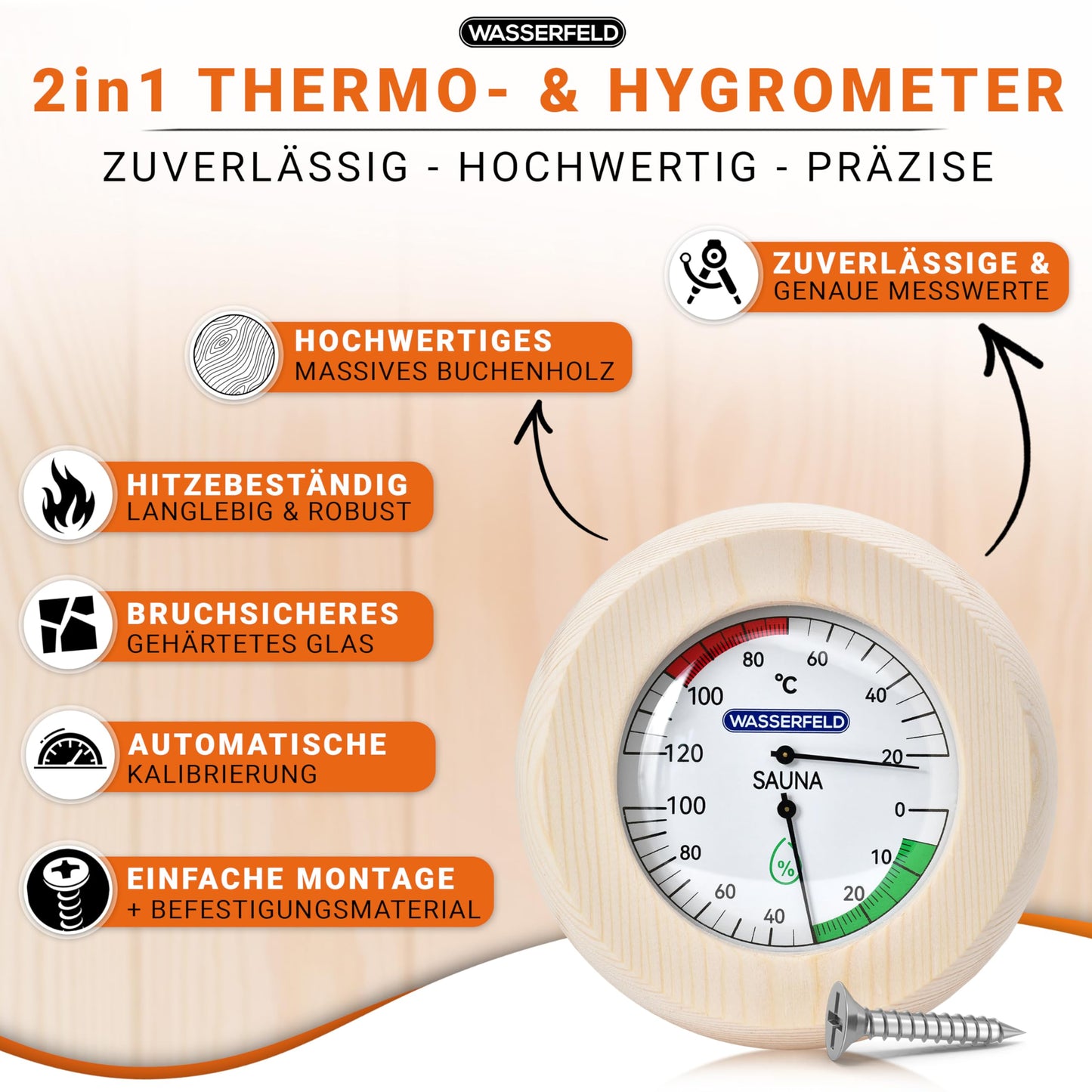 WASSERFELD® Sauna Eimer-Set (4 Liter) mit Kelle, Sanduhr, Thermo- & Hygrometer | Hitzebeständig