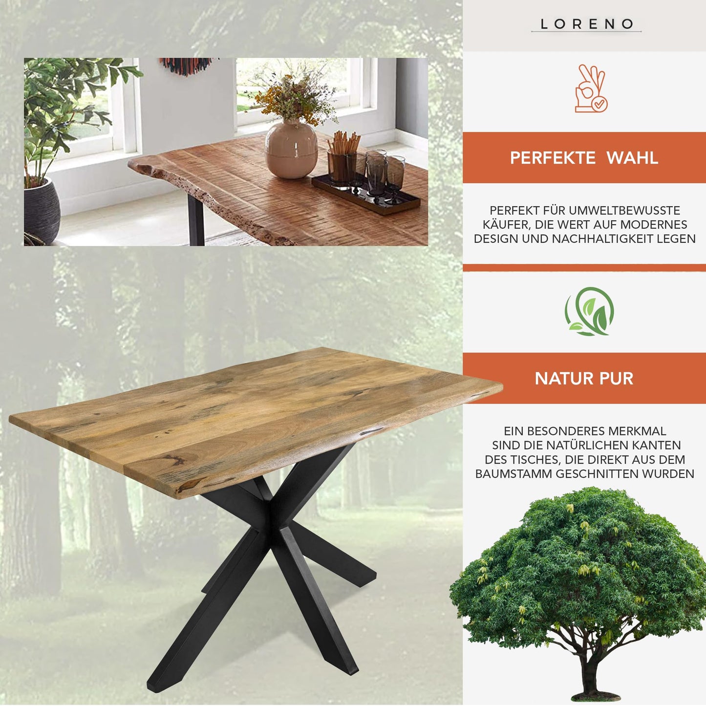 Loreno Handgefertigter Esstisch aus Mangoholz | Massiver Tisch mit Baumkante