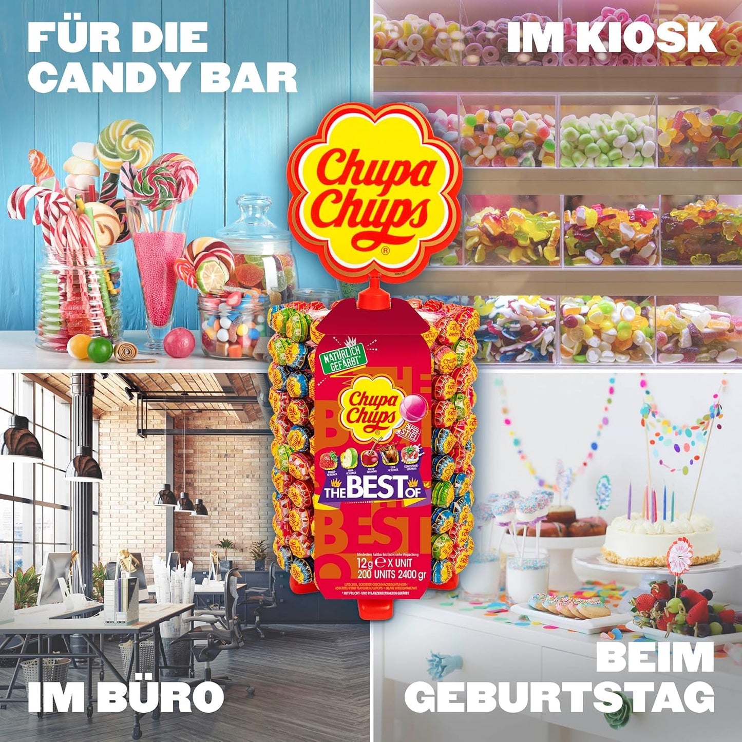 Chupa Chups Lutscher-Rad (200 Lollis x 12g): Aufsteller mit 5 leckeren Geschmacksrichtungen