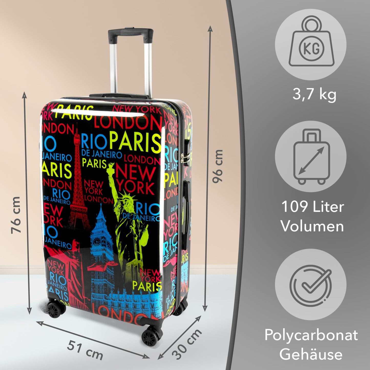 XONIC Design Hartschalen-Koffer mit 360° Leichtlauf-Rollen & Zahlenschloss (M-L-XL oder Set)