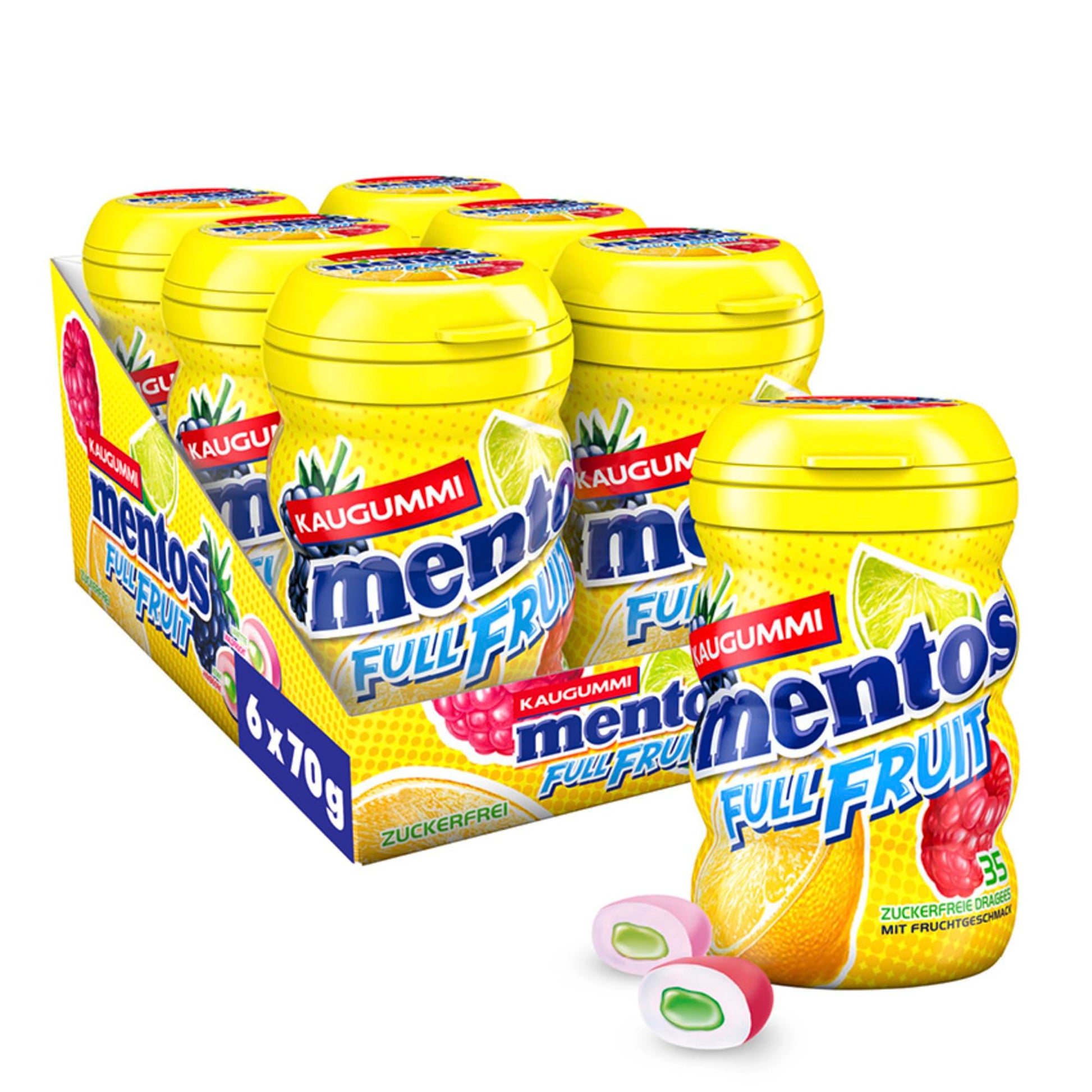 Mentos Kaugummi Full Fruit (6x 35 Stück) in drei Sorten mit Frucht-Geschmack & flüssiger Füllung