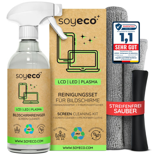 Bildschirmreinigungsspray (500ml) & 3x Mikrofasertuch: Reinigungsflüssigkeit für Smartphones, TVs, Monitore